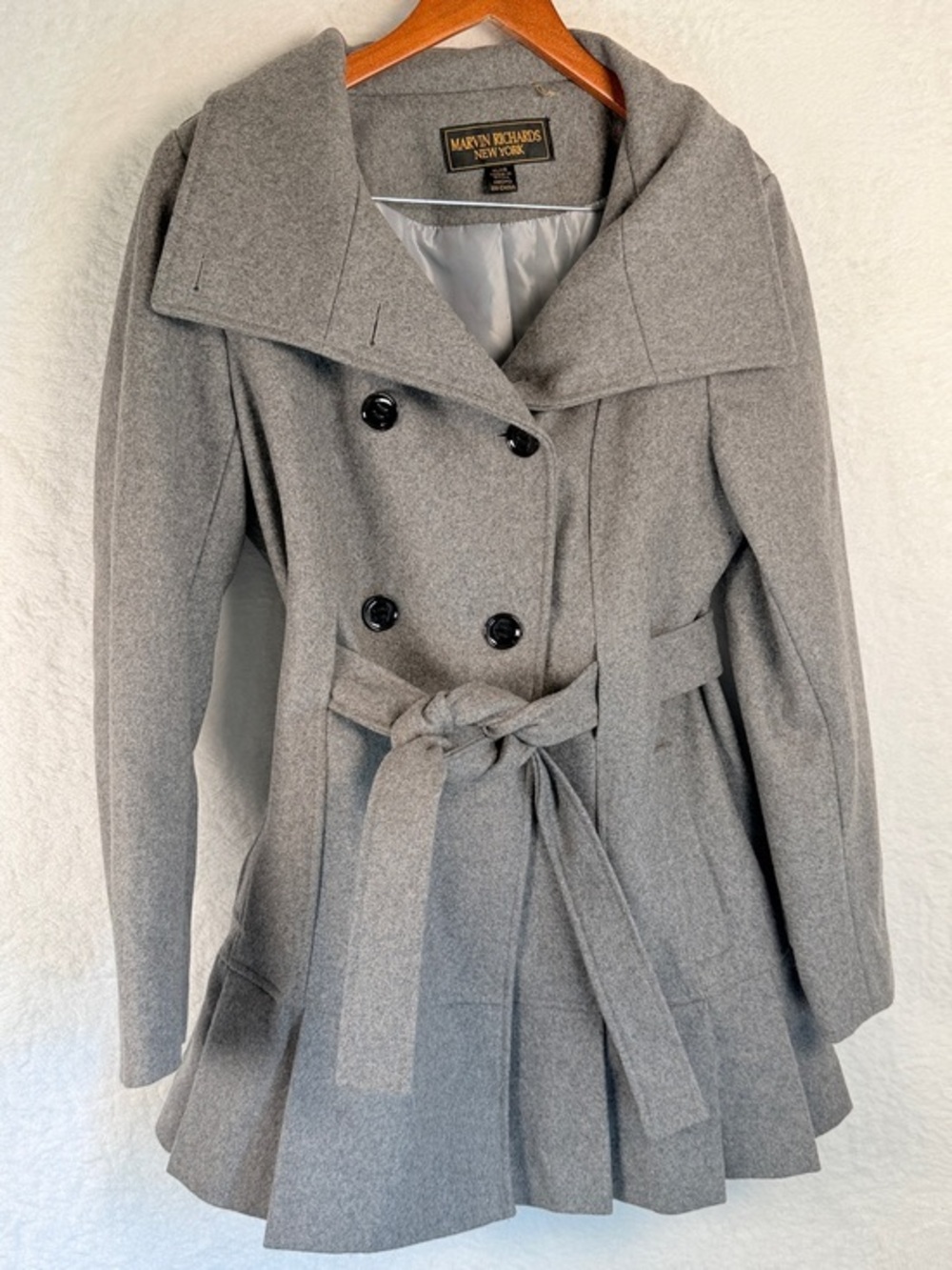 Marvin Richards Gray Ruffle Hem Belted Peacoat womens XL wool blend